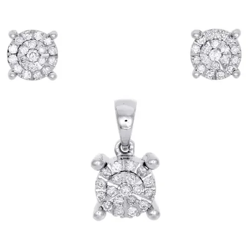 10K White Gold Real Diamond Earring Studs & Pendant Charm Set 5.50mm 0.15 CTW.