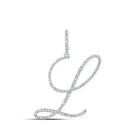 10K White Gold Real Diamond Fancy Cursive Script Font Initial L Pendant 1/2 CT