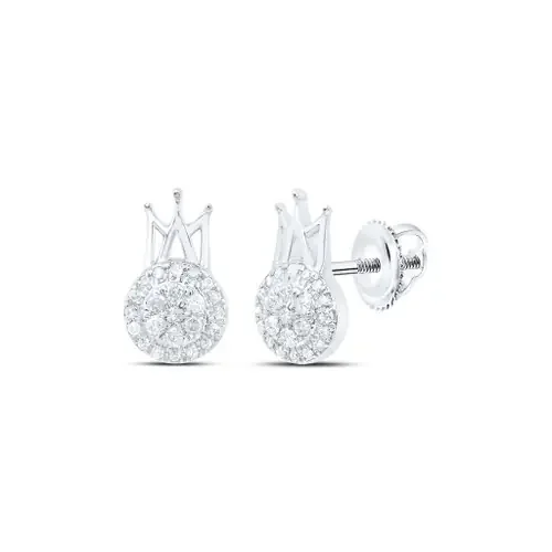 10K White Gold Real Diamond Unisex Cluster Circle w/ Crown Stud Earrings 1/5 CT