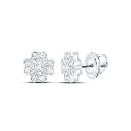 10K White Gold Real Diamond Women‘s 7mm Luck 4 Leaf Clover Stud Earrings 1/6 CT