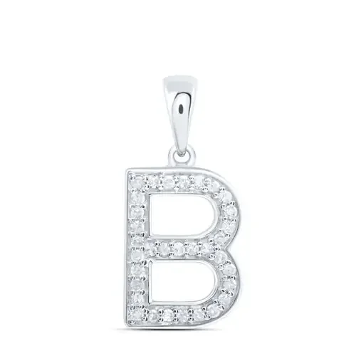 10K White Gold Real Diamond Women‘s Block Font Initial B Letter Pendant 1/8 CT