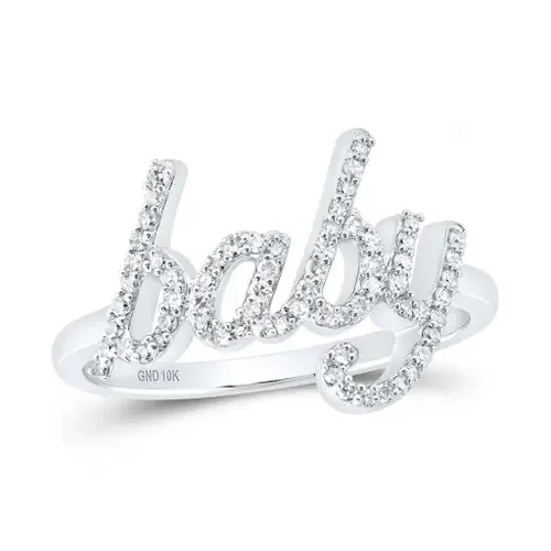 10K White Gold Real Diamond Women‘s Cursive “BABY” Band Right Hand Ring 1/4 CT