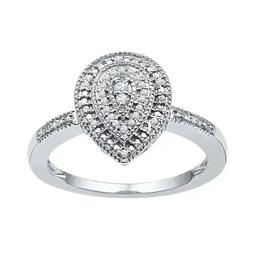 10K White Gold Real Diamond Women‘s Textured Teardrop Halo Cluster Ring 1/10 CT