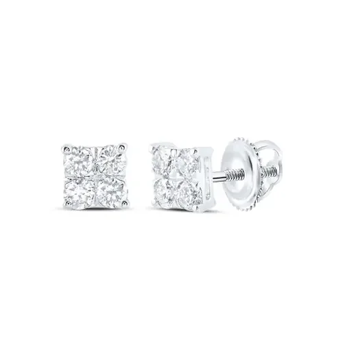 10K White Gold Real Quad Round Diamond Unisex 7mm Square Stud Earrings 3/4 CT