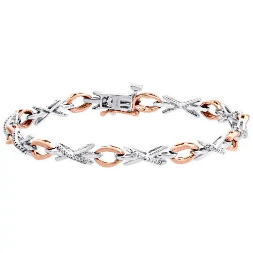 10K White Gold Rose Tone Real Diamond XO Fancy Statement Bracelet 5mm 1/3 CT.