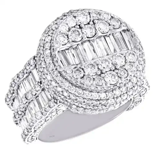 10K White Gold Round & Baguette Daimond 21mm Circle Statement Pinky Ring 6.85 CT