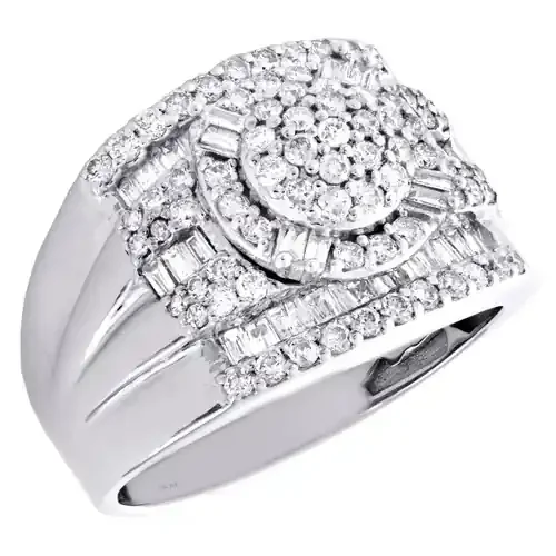 10K White Gold Round & Baguette Diamond 16mm Tiered Statement Pinky Ring 1.55 CT
