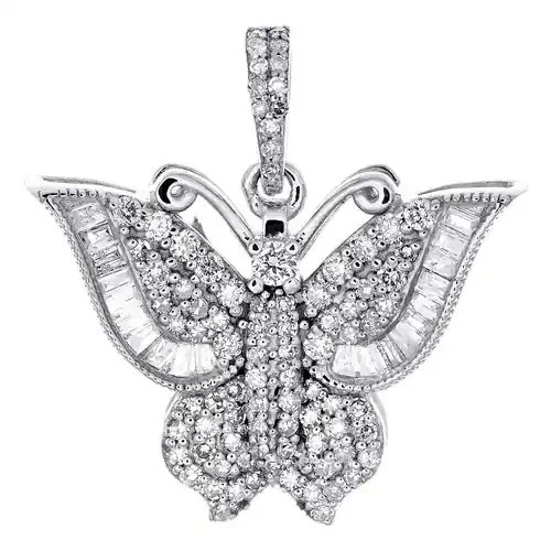 10K White Gold Round & Baguette Diamond Butterfly Pendant 0.85″ Charm 5/8 CT.