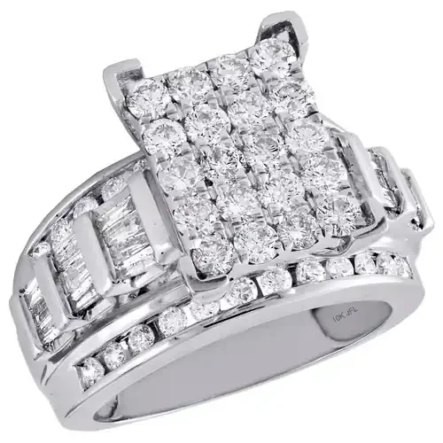 10K White Gold Round & Baguette Diamond Rectangle Cluster Engagement Ring 2 Ct.