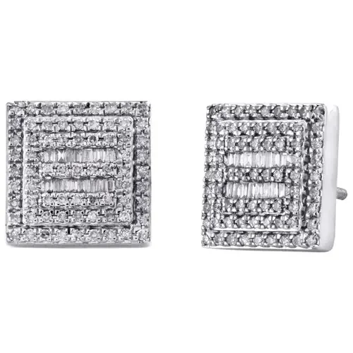 10K White Gold Round & Baguette Diamond Square Frame Earrings 11mm Stud 0.62 CT.