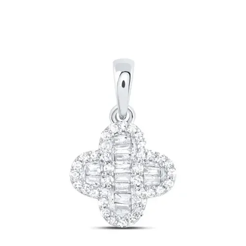 10K White Gold Round & Baguette Diamond Women‘s 4 Leaf Clover Good Luck Pendant 1/5 CT.