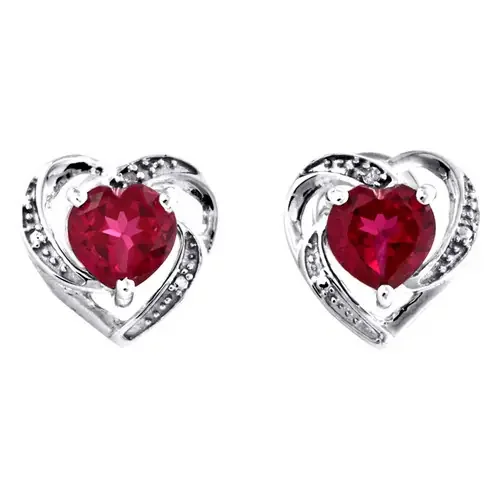 10K White Gold Round Created Ruby Real Diamond Heart Stud 11mm Earrings 3/8 CTTW