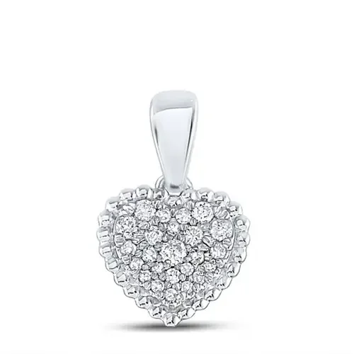 10K White Gold Round Cut Diamond Women‘s Bubble Border Small Heart Pendant 1/8 CT.