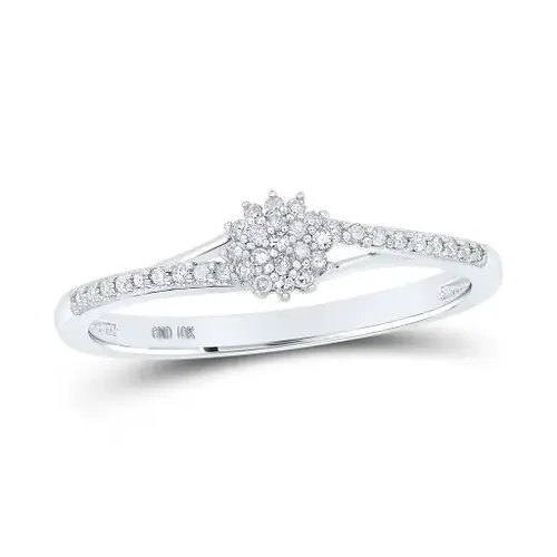 10K White Gold Round Cut Diamond Women‘s Cluster Split Shank Flower Ring 1/8 CT