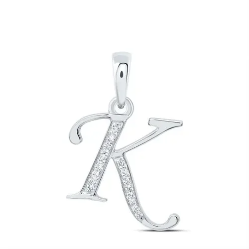 10K White Gold Round Cut Diamond Women‘s Initial ‘K‘ Letter Pendant 1/10 CT.
