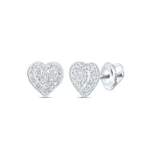 10K White Gold Round Diamond 3D Love Heart Earrings 8mm Statement Stud 1/3 CT.