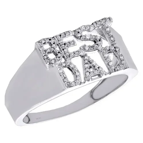 10K White Gold Round Diamond Best Dad Statement Pinky Ring 10mm Band 1/10 CT.