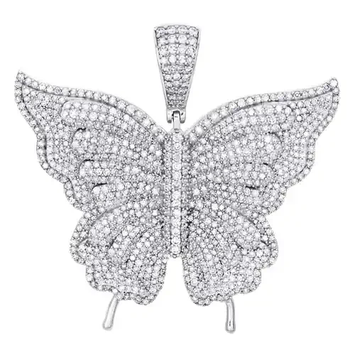 10K White Gold Round Diamond Butterfly Pendant 1.9″ Statement Pave Charm 4.20 CT