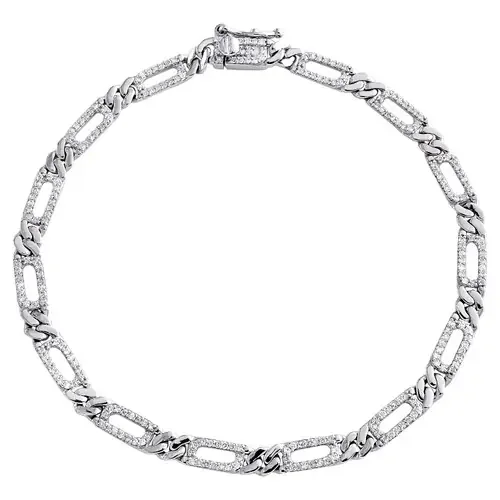 10K White Gold Round Diamond Cuban / Figaro Link 4mm Statement Bracelet 3/4 CT.