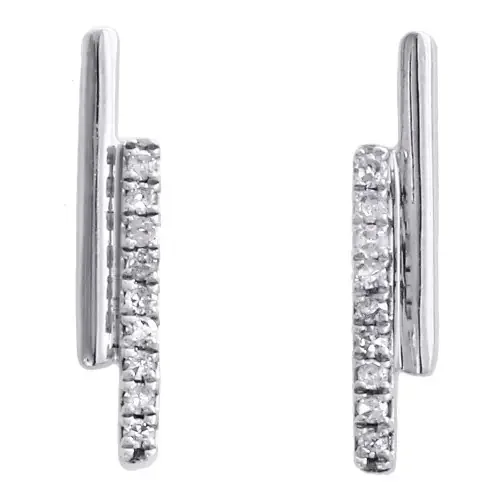 10K White Gold Round Diamond Double Bar Studs Ladies Screw Back Earrings 1/12 Ct