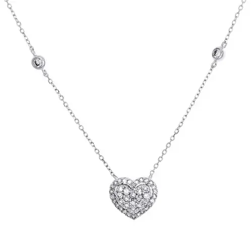 10K White Gold Round Diamond Double Heart Cable Link Necklace 18″ Chain 1/3 CT.