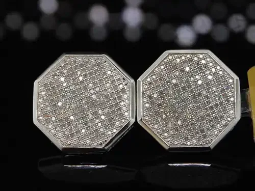 10K White Gold Round Diamond Octagon Shape Stud 13mm Mens Pave Earrings 0.95 CT.