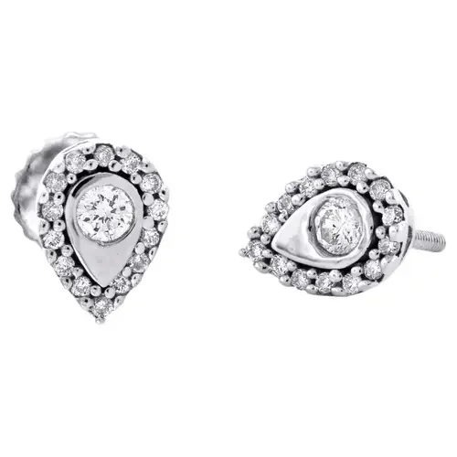 10K White Gold Round Diamond Oval Teardrop Frame Studs Illusion Earrings 1/4 CT.