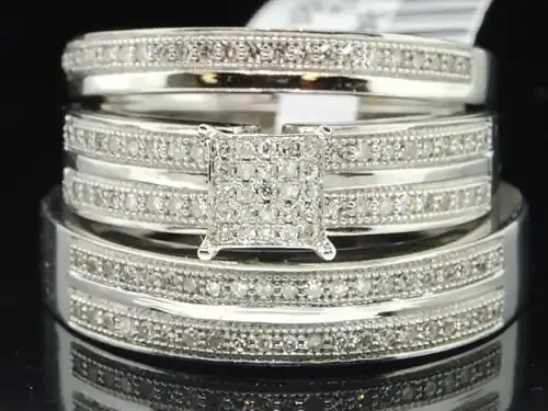 10k White Gold Round Diamond Pave Matching Wedding Trio Set 0.40 Ct.