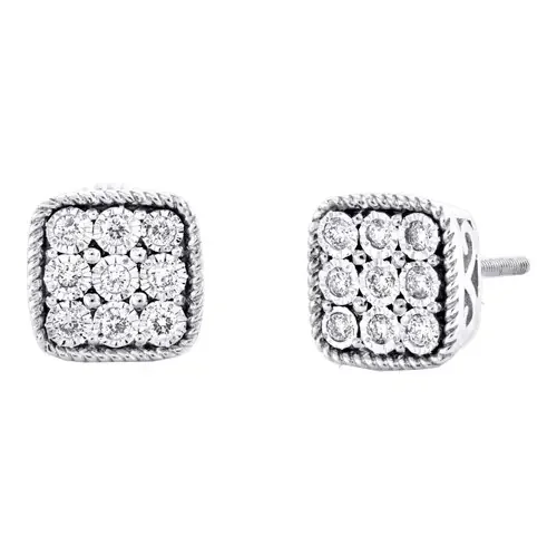 10K White Gold Round Diamond Square Frame Rope Milgrain Stud 8mm Earrings 1/5 CT