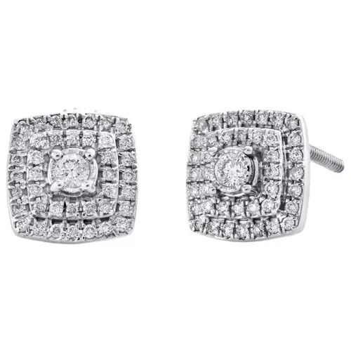 10K White Gold Round Diamond Tier Square Halo Frame Studs 8mm Earrings 1/4 CT.