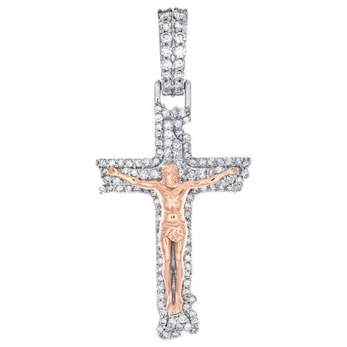 10K White Gold Two Tone Diamond Jesus Crucifix Cross Pendant 1.75″ Charm 0.90 CT