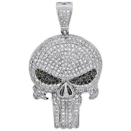 10K White Gold White & Black Diamond Punisher Skull 1.70″ Pendant Charm 1.65 CT.