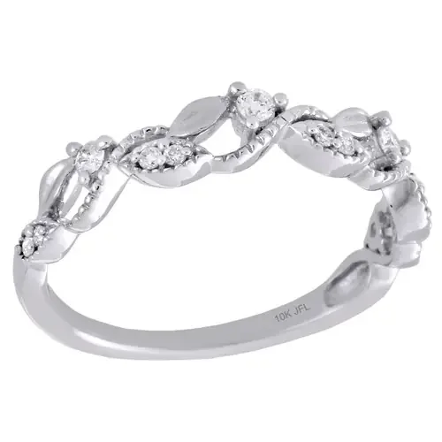 10K White Gold Women‘s Diamond Leaf/Flower Stackable Right Hand Ring 1/6 Ct.