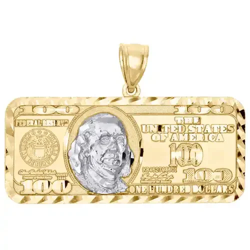 10K Yellow Gold 100 Hundred Dollar Bill Benjamin Franklin Pendant Charm 1.50″