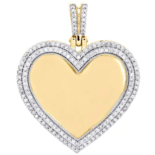 10K Yellow Gold 2 Row Diamond Heart Memory Picture Frame 2″ Pendant Charm 2 CT.
