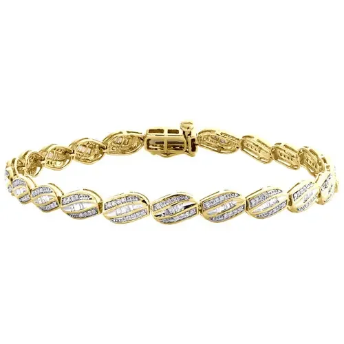 10K Yellow Gold Baguette & Round Diamond 5.25mm Oval Frame 7″ Link Bracelet 1 CT