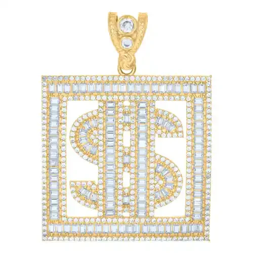 10K Yellow Gold Baguette CZ 2″ Iced Out Charm Square Frame Dollar Sign Pendant