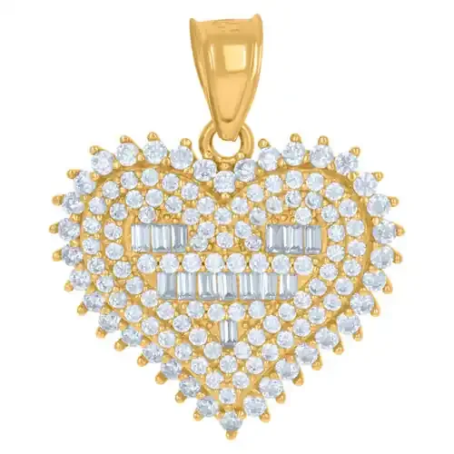 10K Yellow Gold Baguette CZ Women‘s 0.95″ Iced Love Charm Cluster Heart Pendant