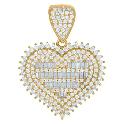 10K Yellow Gold Baguette CZ Women‘s 1.25″ Iced Love Charm Cluster Heart Pendant