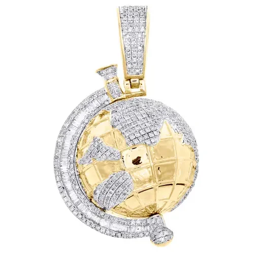 10K Yellow Gold Baguette Diamond 3D World Map Pendant 1.70″ Globe Charm 2.10 CT.