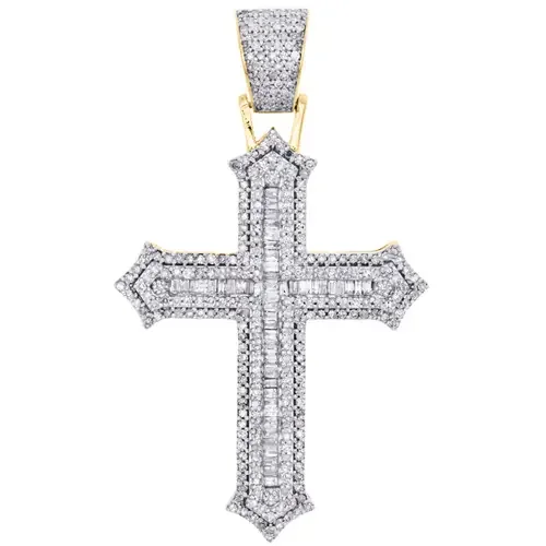 10K Yellow Gold Baguette Diamond Cross Pendant 1.90″ Tier Statement Charm 1 CT.