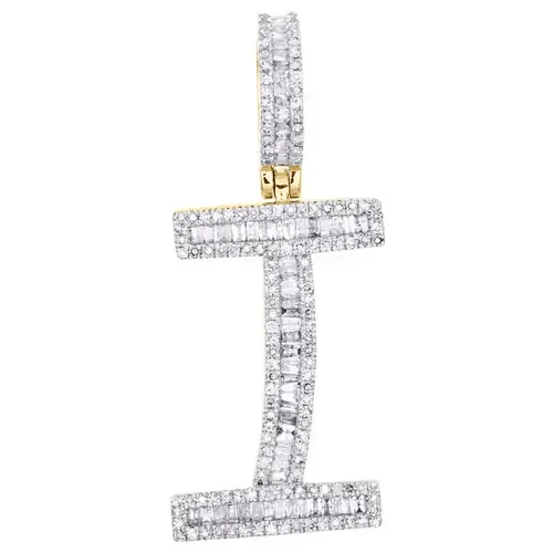 10K Yellow Gold Baguette Diamond Initial I Pendant 1.55″ Letter Charm 3/4 CT.