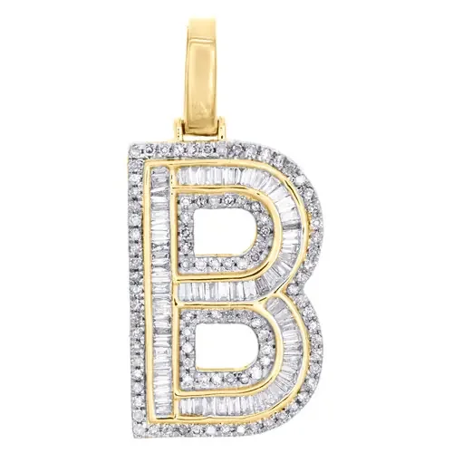 10K Yellow Gold Baguette Diamond Letter B Pendant 1.20″ Initial Charm 0.65 CT.