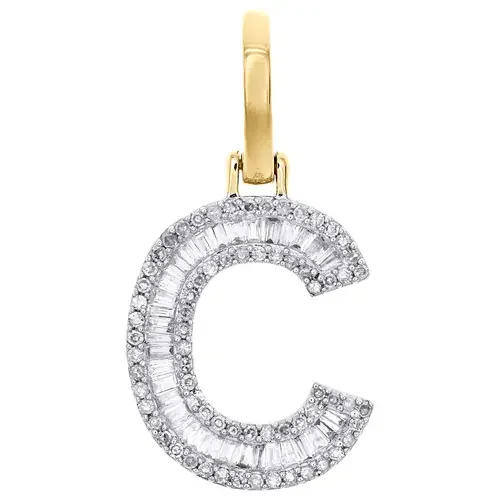 10K Yellow Gold Baguette Diamond Letter C Mini Pendant 1″ Initial Charm 0.45 CT.