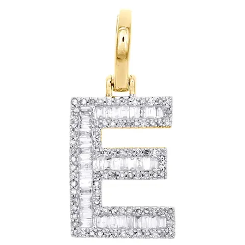 10K Yellow Gold Baguette Diamond Letter E Mini Pendant 1″ Initial Charm 0.45 CT.