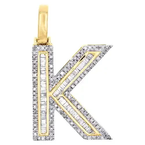 10K Yellow Gold Baguette Diamond Letter K Pendant 1.20″ Initial Charm 0.58 CT.