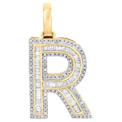 10K Yellow Gold Baguette Diamond Letter R Pendant 1.20″ Initial Charm 0.65 CT.