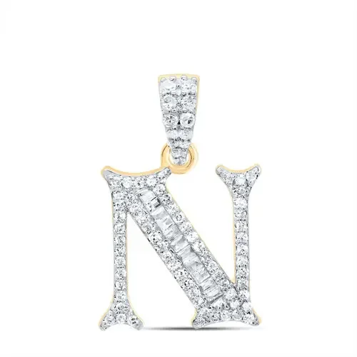 10K Yellow Gold Baguette Diamond Old English Block Font Initial N Pendant 1/4 CT
