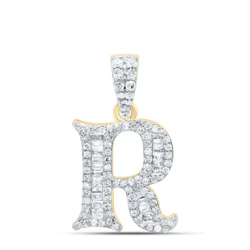 10K Yellow Gold Baguette Diamond Old English Block Font Initial R Pendant 1/3 CT