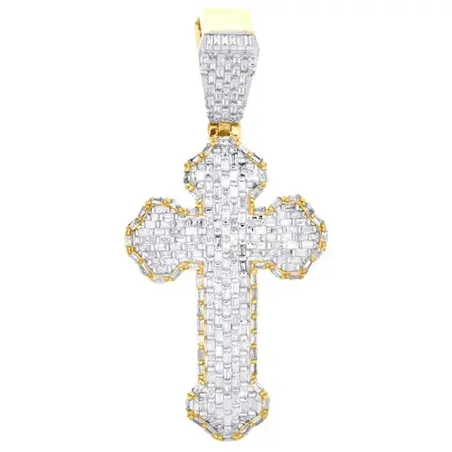 10K Yellow Gold Baguette Diamond Pointed Cross Pendant Statement Charm 2.38 CT